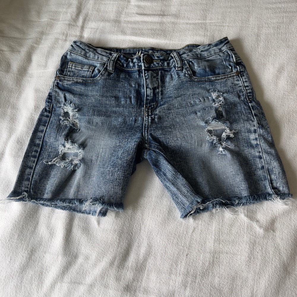 Machine Jeans Distressed Acid Wash Denim Shorts Raw Hem 90s Grunge Blue 30 Large